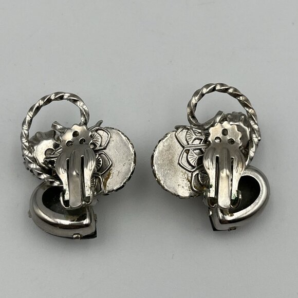 Vintage Schreiner Smoky Rhinestone Faux Pearl Silver Tone Rope Clip Earrings - Picture 3 of 5